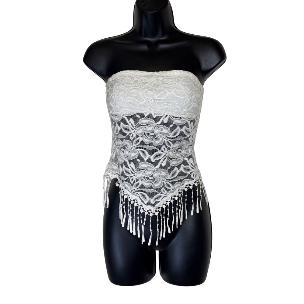 Y2K Inspired Kimchi Blue White Floral Lace Fringe Handkerchief Hem Tube Top